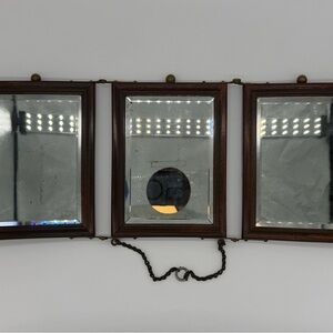 Antique English Tri Fold Vanity Mirror Floral Wood Oak Frame Art Nouveau Leather